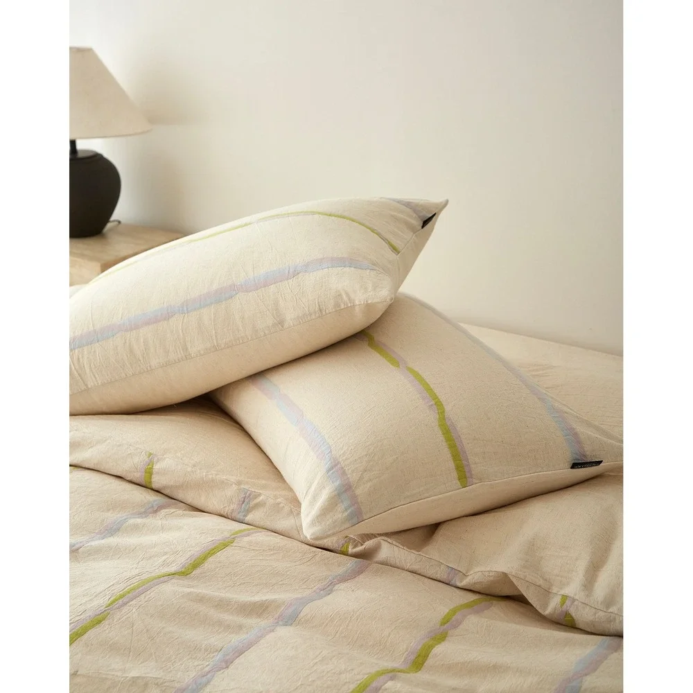 Faith Cotton Linen Striped Duvet Cover Set King Green Top Grade & Natural